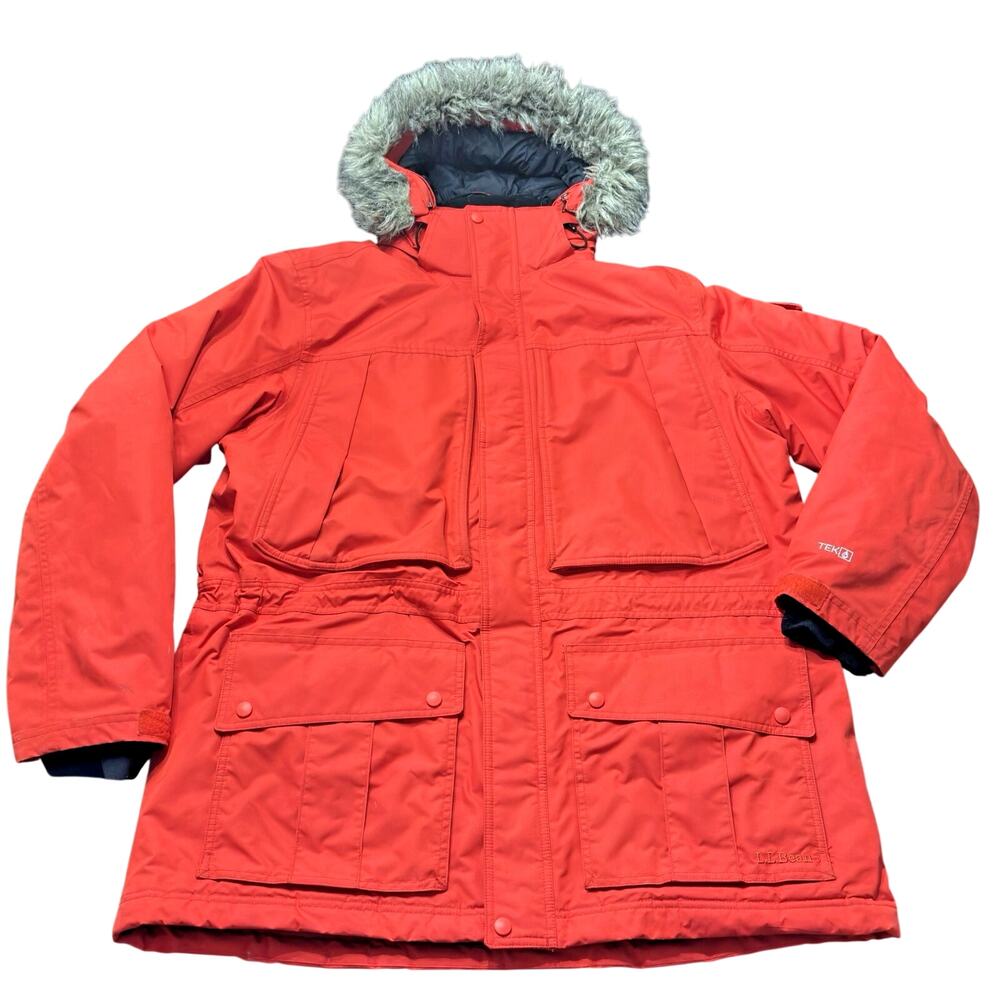 LL Bean Baxter Coat Mens XL Red DownTek Parka Coat Hooded Faux Fur Quilted Warm